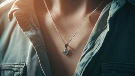 A stunning close-up image of a silver necklace featuring a sparkling pendant, worn by an individual in soft, warm light, emphasizing elegance and stylish design.の素材