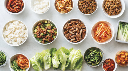 A visually appealing display of various fresh ingredients and cooked dishes, ideal for highlighting culinary creativity and colorful food presentations.の素材