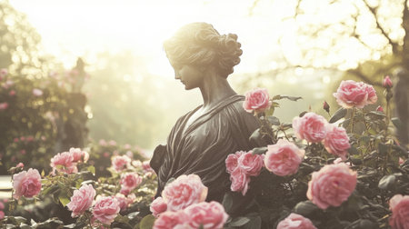 A stunning bronze statue graces a vibrant garden filled with pink roses, illuminated by soft sunlight, creating a serene and romantic atmosphere in nature's embrace.の素材