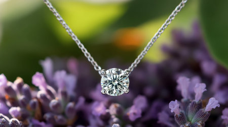 A stunning silver necklace with a sparkling diamond pendant shines against a backdrop of delicate lavender flowers, creating an elegant scene that embodies natural beauty and charm.の素材