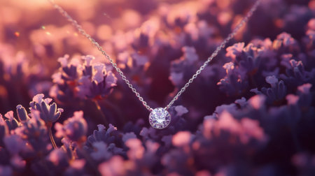 Discover the beauty of a stunning diamond necklace elegantly displayed amidst vibrant lavender flowers, creating a serene and picturesque springtime scene filled with charm and elegance.の素材