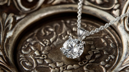 This stunning silver necklace features a brilliant diamond pendant, elegantly resting on an ornate decorative plate, symbolizing timeless beauty and luxury.の素材