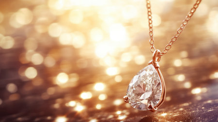 A stunning pear-shaped diamond pendant gracefully hangs in a soft-focus, glittering golden background, showcasing luxury and elegance ideal for jewelry or fashion themes.の素材