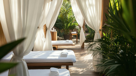 A serene outdoor spa retreat featuring massage tables surrounded by lush greenery, soft sunlight, and sheer drapes, inviting relaxation and rejuvenation in a tranquil environment.の素材