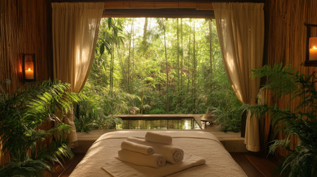 Discover a tranquil spa retreat room featuring soft towels, lush greenery, and a stunning view of a bamboo forest, perfect for relaxation and rejuvenation.の素材