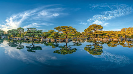 A stunning panorama showcasing a tranquil lake reflecting lush green trees under a bright blue sky, creating a peaceful and serene natural landscape perfect for relaxation and reflection.の素材