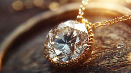 This exquisite close-up image showcases a brilliant diamond pendant on a delicate gold chain, beautifully capturing light and reflection in a luxurious setting.の素材