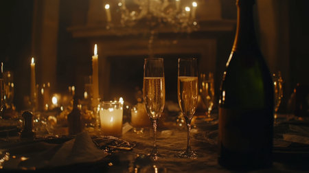 A beautifully arranged dinner table with sparkling champagne flutes, soft candlelight, and an intimate ambiance, perfect for special occasions and elegant gatherings.の素材