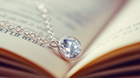 An exquisite diamond pendant with a silver chain rests gracefully on the pages of an open book, symbolizing luxury and elegance in this captivating still life image.の素材