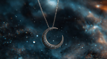 Beautiful crescent moon necklace shining amidst a starry cosmic background, ideal for those who adore celestial-themed jewelry and seek elegant accessories that inspire wonder.の素材