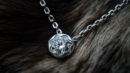 A stunning silver necklace featuring a flower-shaped diamond pendant rests gracefully on a soft fur background, embodying elegance and luxury in modern jewelry design.の素材