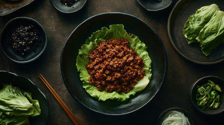 A visually appealing dish of spiced ground meat on crisp lettuce leaves, complemented by a selection of flavorful side dishes. Perfect for an inviting dining experience.の素材