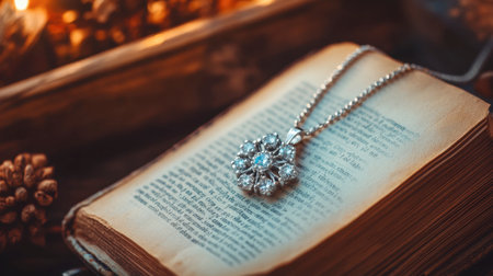 A beautiful silver pendant rests on an old book, with warm lighting and natural decor, evoking a cozy and elegant ambiance perfect for storytelling or reflection.の素材