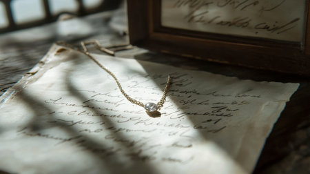 A vintage gold necklace elegantly rests on antique paper with handwritten letters, bathed in soft natural light, creating a serene and nostalgic ambiance.の素材