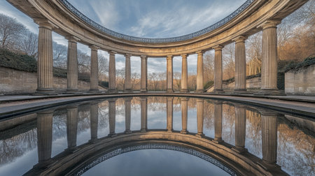 Discover a tranquil scene featuring a classical pavilion with majestic columns reflecting in a serene water surface, framed by lush nature and a captivating sky.の素材