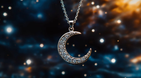 A stunning silver crescent moon pendant necklace features sparkling gems that beautifully reflect light, set against a mesmerizing cosmic background filled with stars.の素材