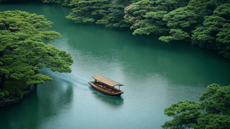Experience a serene boat journey through lush greenery on tranquil water, capturing the beauty of nature and peaceful reflections in a serene landscape.の素材
