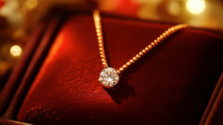 An exquisite diamond pendant necklace rests gracefully on a rich red velvet background, showcasing its brilliant sparkle, perfect for luxury jewelry enthusiasts and special occasions.の素材