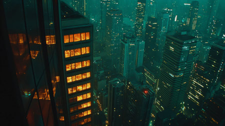 A stunning urban nightscape featuring a skyscraper with illuminated windows amidst a bustling city filled with bright lights and a foggy evening atmosphere.の素材