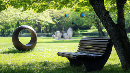 A tranquil park scene featuring a wooden bench beneath lush green trees, complemented by unique sculptural elements and dappled sunlight creating a serene outdoor atmosphere.の素材