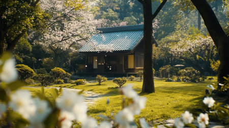A tranquil Japanese garden featuring a traditional house amidst beautiful cherry blossom trees and lush greenery, ideal for relaxation and peaceful moments in nature.の素材