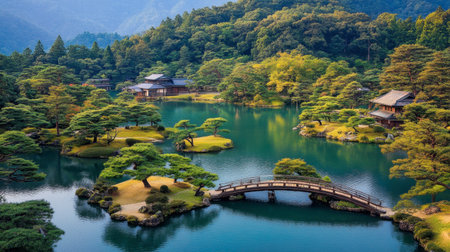 Experience the tranquility of this stunning Japanese garden scene featuring reflective water, lush greenery, and traditional structures surrounded by majestic mountains.の素材