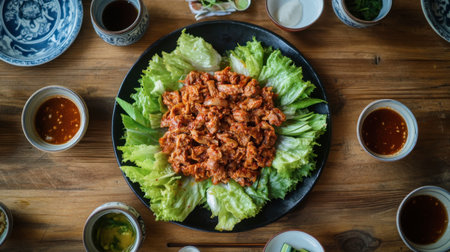 A vibrant chicken salad featuring crisp lettuce, tender chicken, and assorted vegetables arranged beautifully, accompanied by delicious sauces on a rustic wooden table setting.の素材