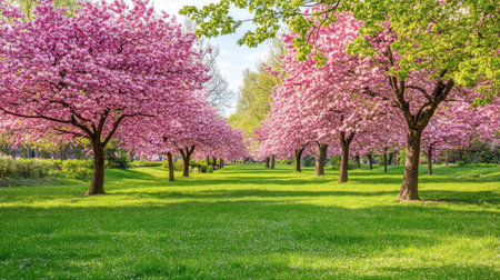 Stunning view of cherry blossom trees displaying vibrant pink flowers in a verdant park, creating a serene and picturesque landscape ideal for spring outings and relaxation.の素材
