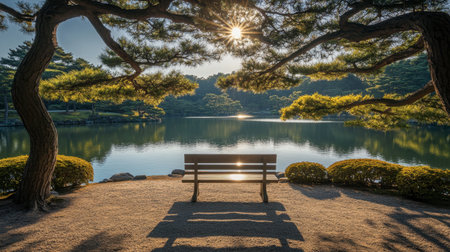 A peaceful scene featuring a bench by a tranquil lake, surrounded by lush trees and beautiful reflections in the water, inviting moments of relaxation and contemplation.の素材