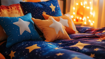 A vibrant bedroom with star-themed bedding and colorful cushions creates a cozy and inviting atmosphere perfect for relaxation and dreamy nights.の素材