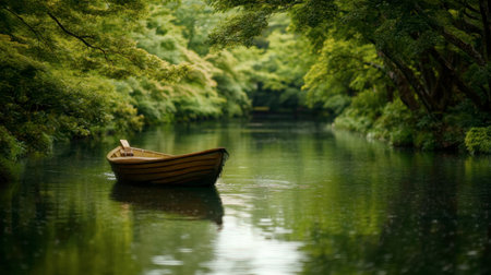 A picturesque view of a wooden boat on a tranquil river, surrounded by vibrant green foliage, evoking feelings of peace and connection with nature.の素材