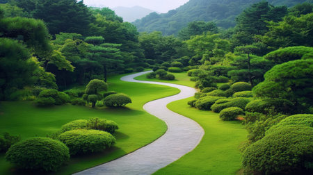 A peaceful garden scene featuring a winding pathway through lush greenery and vibrant trees, inviting relaxation and a deep connection with natureの素材