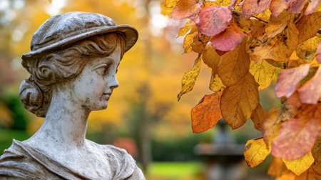 A beautiful garden statue embodies tranquility amidst a backdrop of vivid autumn leaves, showcasing the seasonal transition and the artistic elegance of outdoor landscapes.の素材