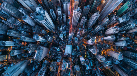 Stunning aerial view of a bustling city illuminated at night, showcasing skyscrapers and vibrant streets, capturing the essence of urban life and architectural beauty.の素材