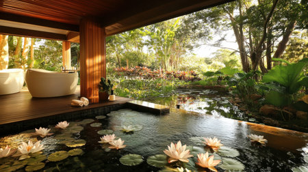 Discover a serene spa environment featuring beautiful water lilies and lush greenery, ideal for relaxation and rejuvenation amidst tranquil surroundings.の素材