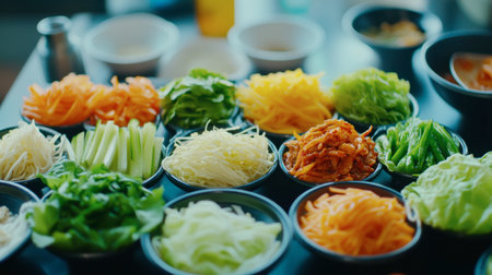A vibrant collection of fresh, colorful vegetables arranged in round bowls, ideal for inspiring healthy meal prep and showcasing fresh ingredients for salads or dishes.の素材