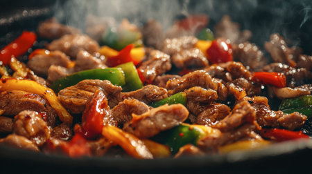 A vibrant stir-fry of succulent meat and fresh vegetables in a sizzling pan, infused with steam and flavor, creating an enticing culinary experience perfect for any meal.の素材