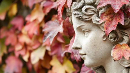A serene stone statue of a woman adorned with colorful autumn leaves, embodying beauty and tranquility in a garden setting, perfect for arts and nature-themed projects.の素材