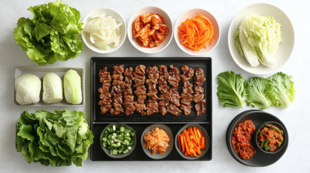 A vibrant array of fresh vegetables, marinated beef, and traditional side dishes perfect for a Korean BBQ, showcasing the essence of communal dining and flavorful meals.の素材