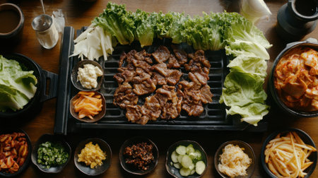 A beautifully arranged spread featuring grilled meat surrounded by fresh vegetables and an array of traditional Korean side dishes, perfect for a delightful meal.の素材