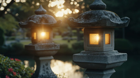 A peaceful garden scene featuring traditional Japanese lanterns softly illuminated by a warm sunset glow, creating a tranquil atmosphere in a natural landscape.の素材