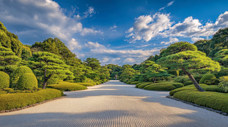 A tranquil scene of a Japanese Zen garden showcasing carefully arranged pine trees and raked sand patterns, inviting serene meditation and reflection amidst nature's beauty.の素材