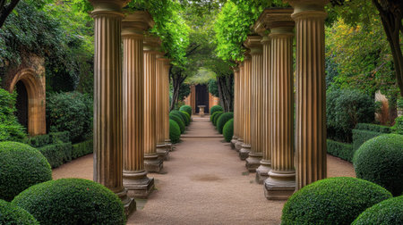A picturesque garden pathway featuring classical columns and lush greenery, creating a serene atmosphere perfect for relaxation and reflection in nature.の素材