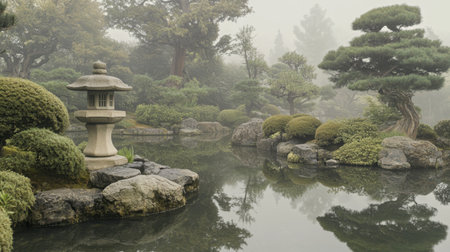 Explore a tranquil Japanese garden featuring a classic lantern, lush bonsai trees, and a serene reflecting pool amidst a misty landscape, perfect for relaxation and contemplation.の素材