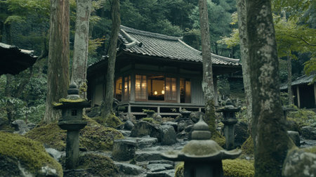 A traditional Japanese house nestled in a lush forest, surrounded by greenery and ancient stone lanterns, exuding peace and tranquility in a serene natural setting.の素材