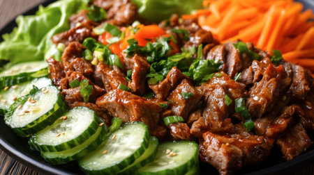 A captivating dish of tender beef served alongside fresh vegetables, garnished with green onions and cucumber, perfect for a vibrant culinary experience.の素材