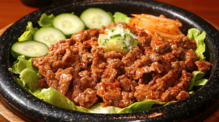 A steaming plate of tantalizing beef garnished with fresh vegetables, served on a hot sizzling plate, perfect for showcasing authentic culinary traditions and flavors.の素材