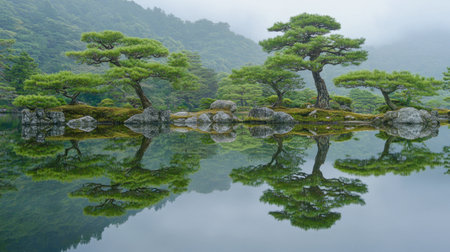 A serene landscape featuring lush green trees reflected perfectly in tranquil water, surrounded by misty mountains, creating a peaceful and calming environment.の素材