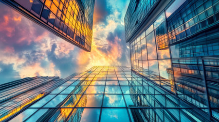 A breathtaking view of modern skyscrapers reflecting a colorful sunset sky, showcasing intricate architectural design and urban beauty in a vibrant city setting.の素材