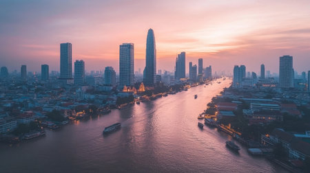 Captivating view of a city skyline at sunset, where skyscrapers reflect in a river, showcasing the vibrant urban atmosphere and tranquil waters of the city.の素材